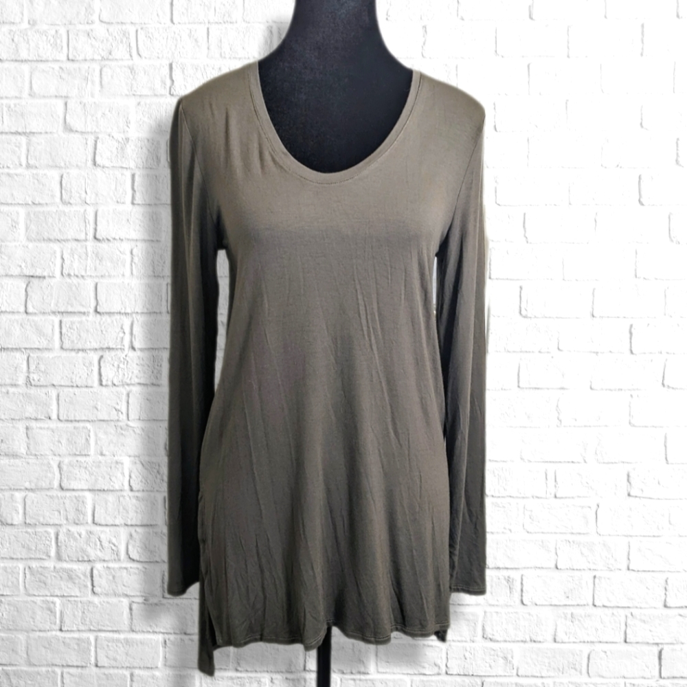 Pretty Olive Green Solid Long Sleeve High Low Tunic Top Stretchy Flowy T8 - Picture 1 of 7